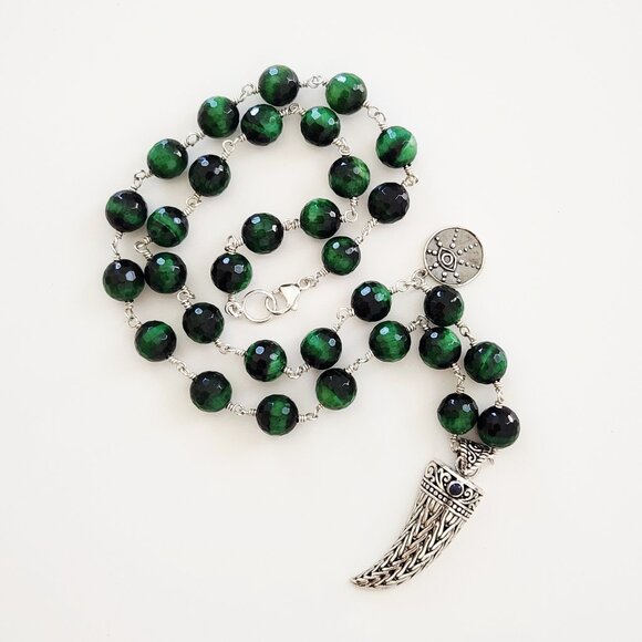 GREEN TIGERS EYE NECKLACE W/ 925 SILVER CLAW PENDANT--24" - Picture 1 of 2